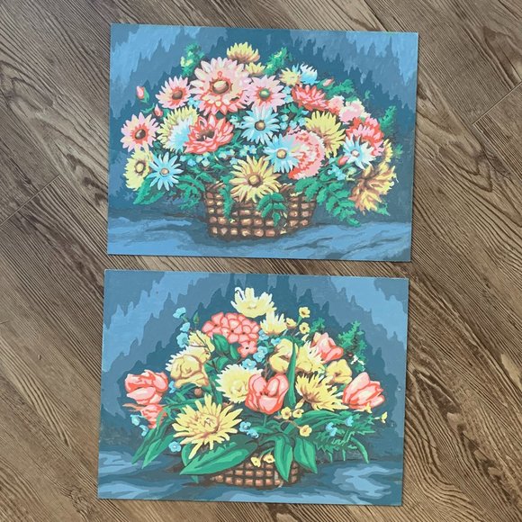 2 VTG Paint by Numbers Flower Baskets Floral Cottage 70s Boho Unframed Set - Picture 9 of 11
